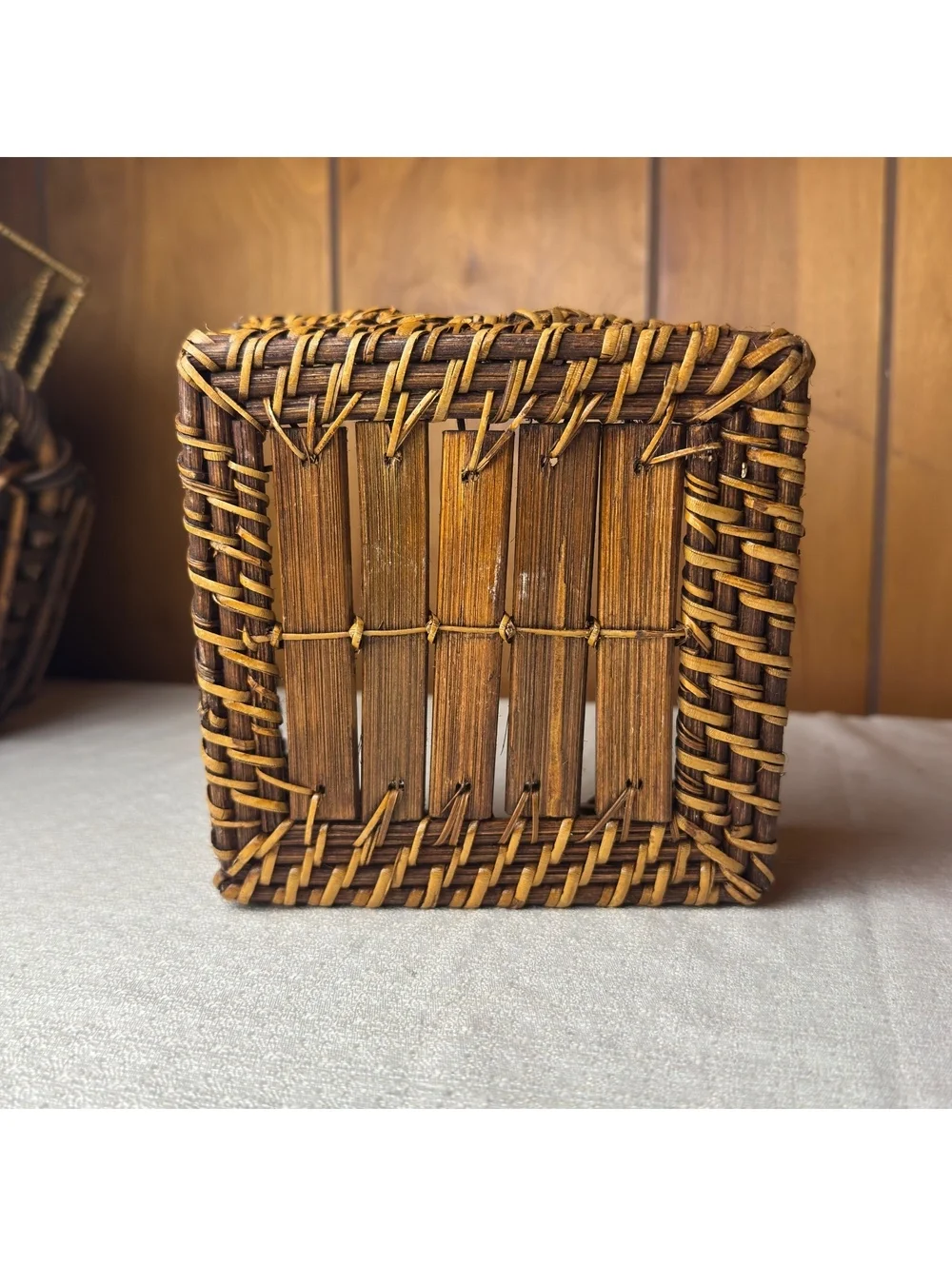 Vintage Wicker Napkin Holder Woven Rattan Basket Rustic Kitchen Table Decor